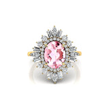 Oval Solitaire Morganite Baguette and Round Diamond Cocktail Ring - GeumJewels