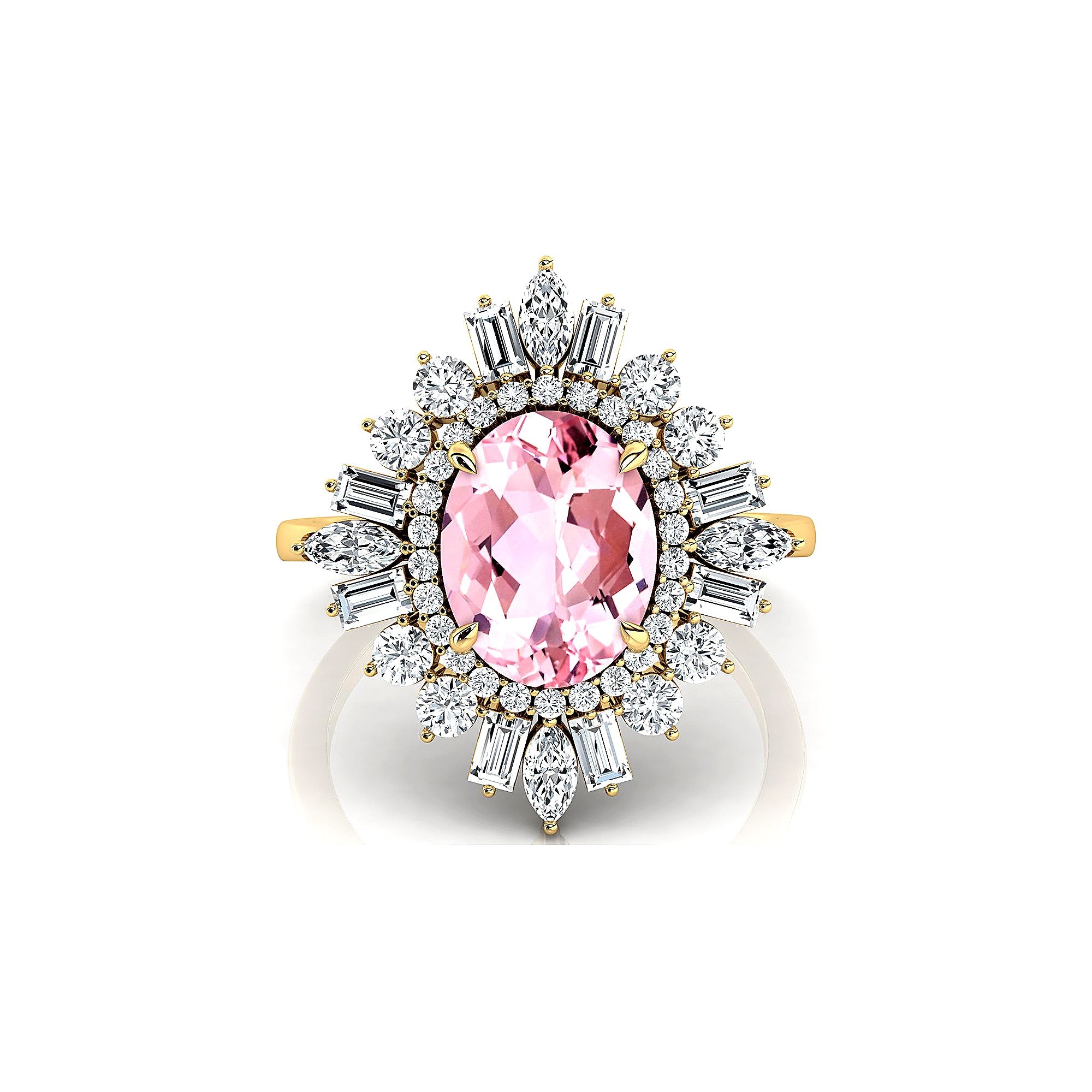 Oval Solitaire Morganite Baguette and Round Diamond Cocktail Ring - GeumJewels