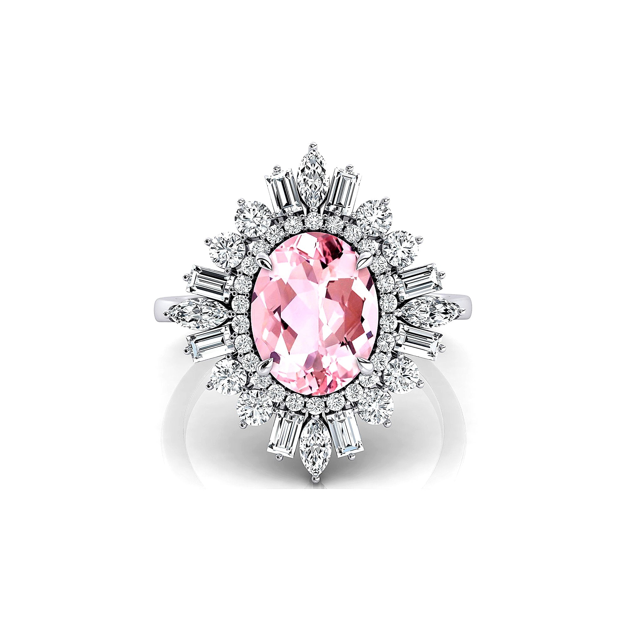 Oval Solitaire Morganite Baguette and Round Diamond Cocktail Ring - GeumJewels