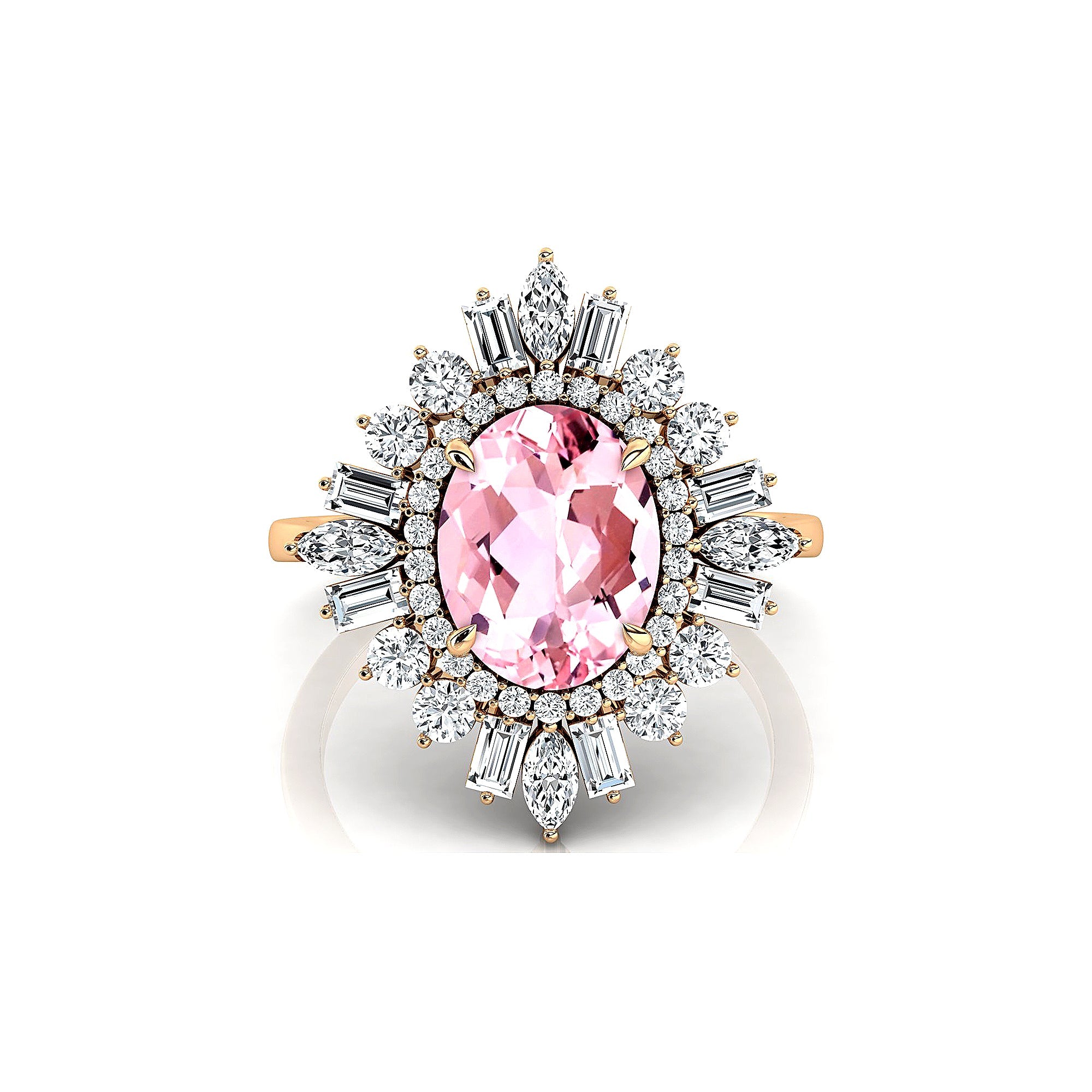 Oval Solitaire Morganite Baguette and Round Diamond Cocktail Ring - GeumJewels
