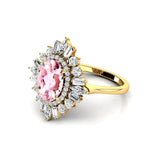 Oval Solitaire Morganite Baguette and Round Diamond Cocktail Ring - GeumJewels