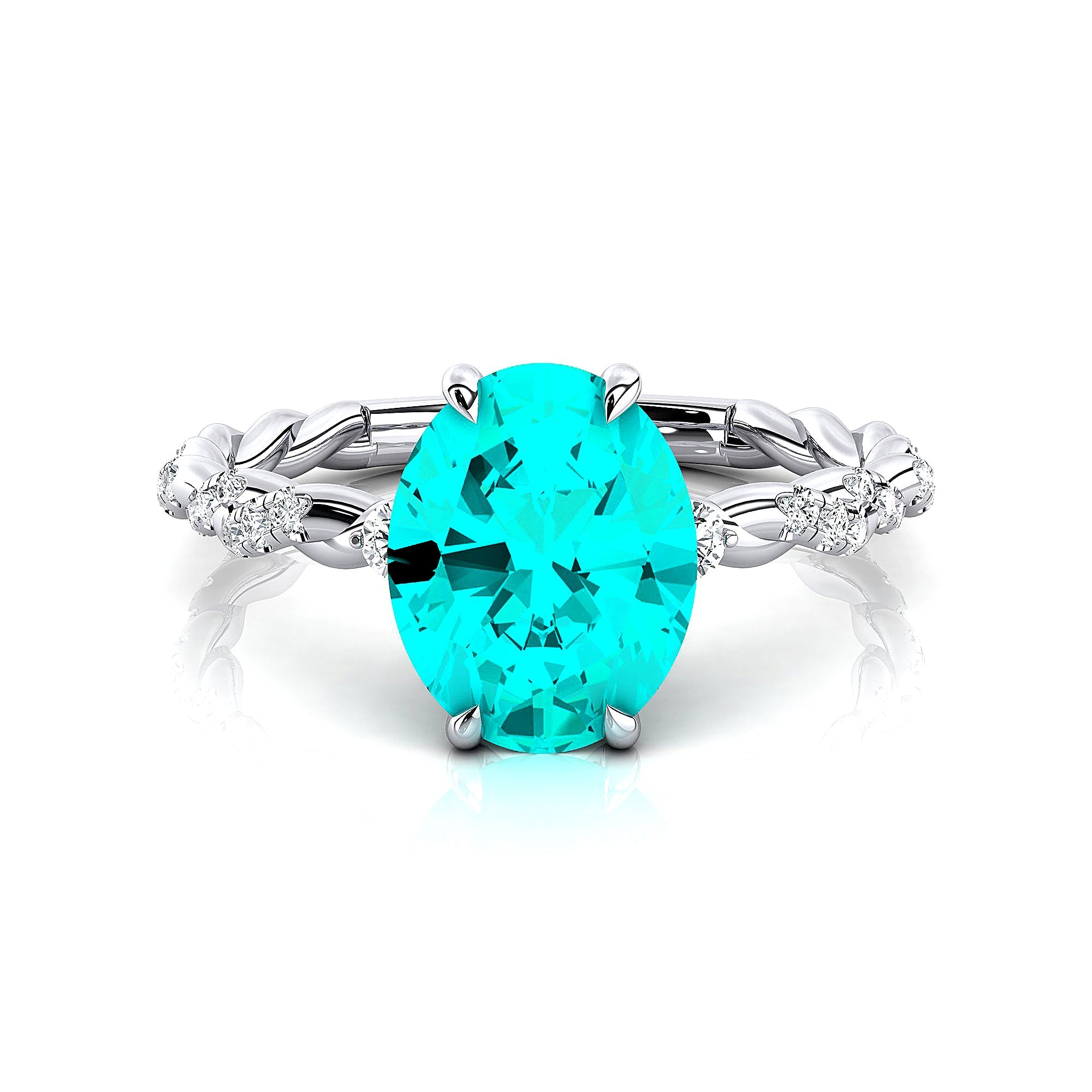 Oval Solitaire Paraiba Tourmaline Ring with Twisted Wire Diamond Band - GeumJewels