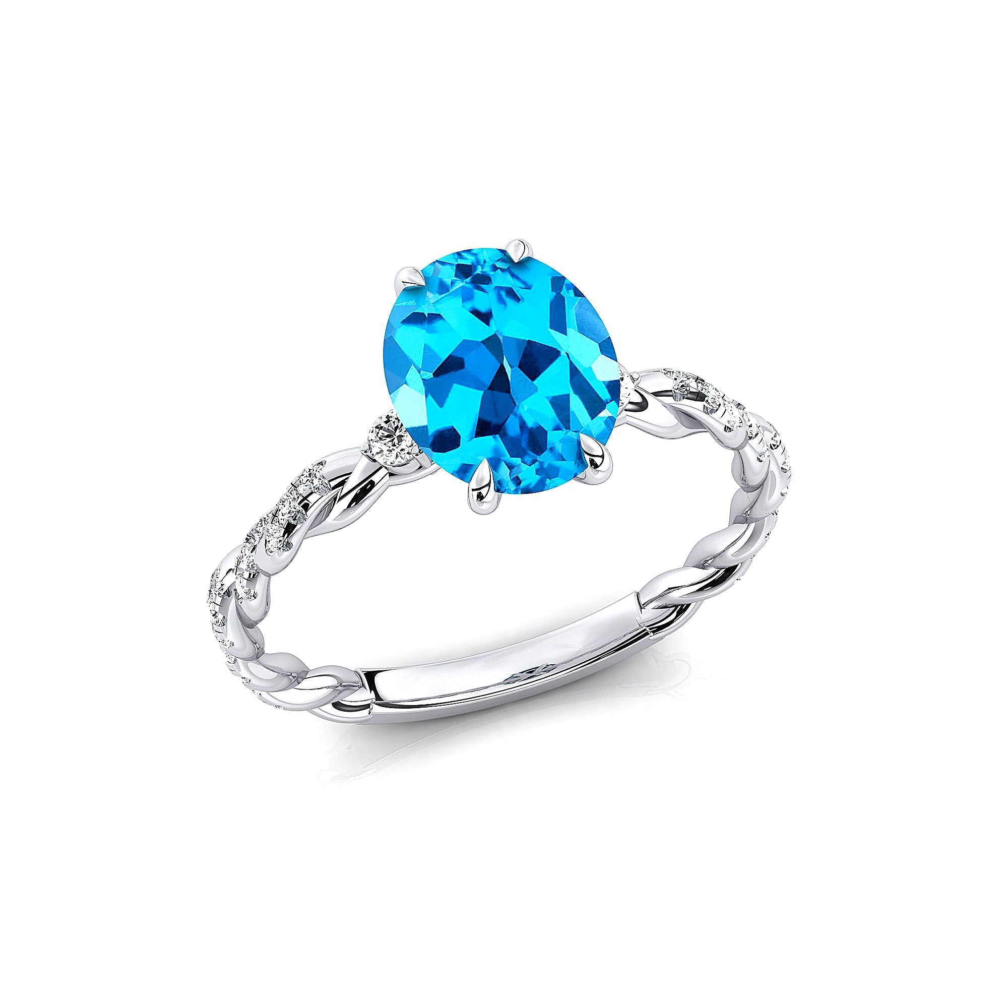 Oval Solitaire Swiss Blue Topaz Ring with Twisted Wire Diamond Band - GeumJewels