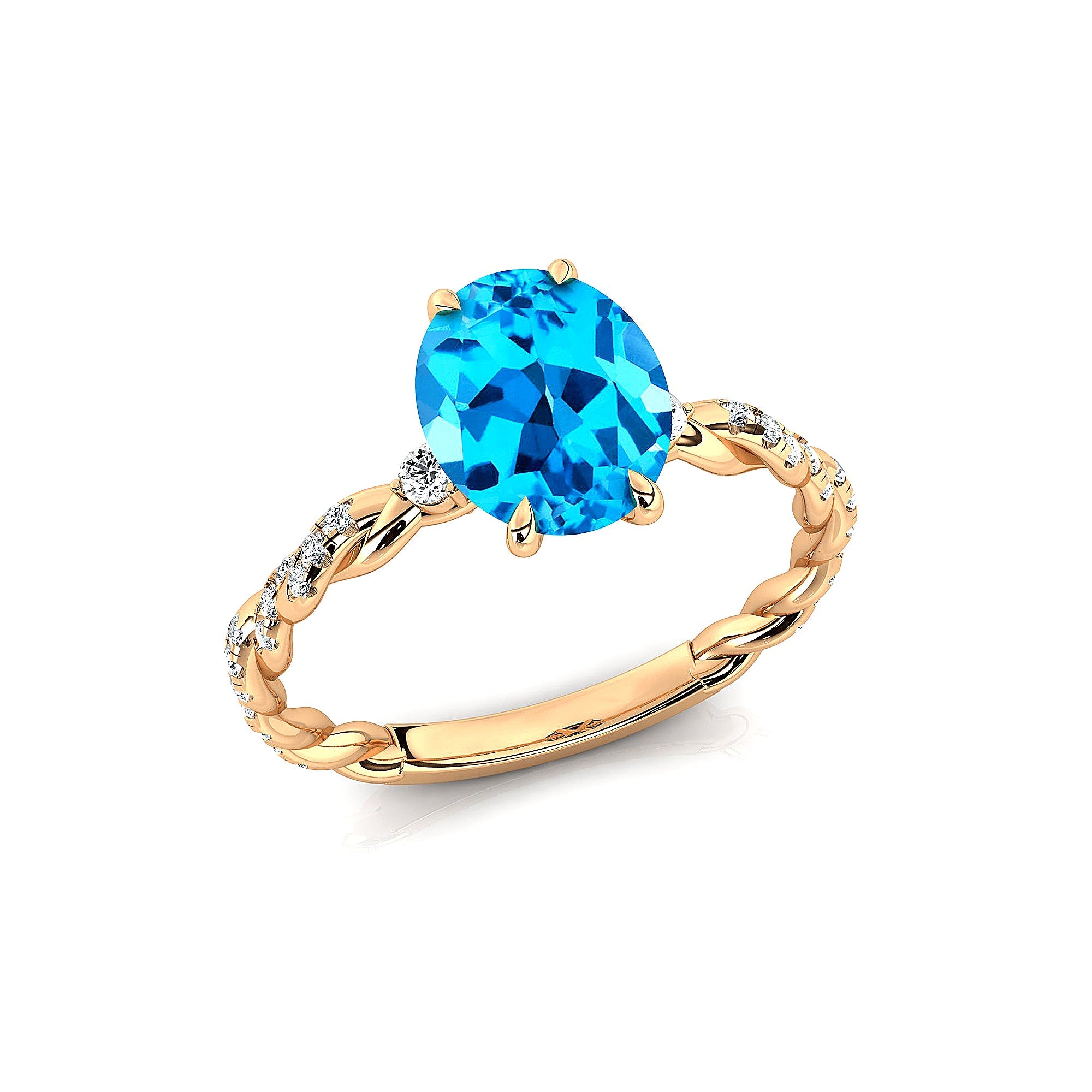 Oval Solitaire Swiss Blue Topaz Ring with Twisted Wire Diamond Band - GeumJewels