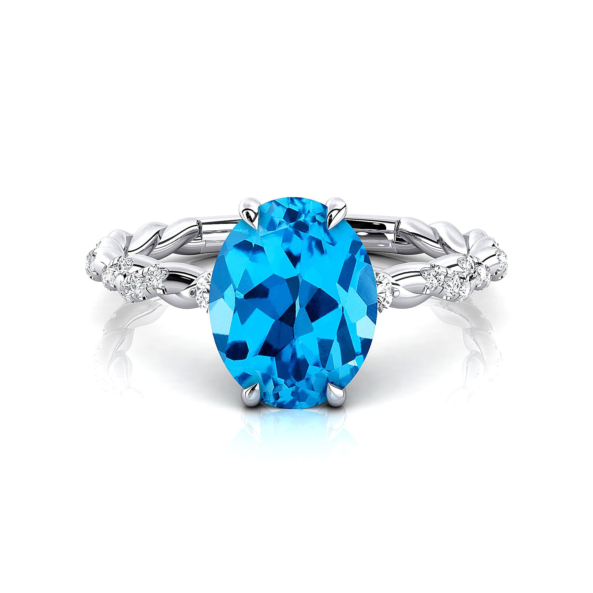 Oval Solitaire Swiss Blue Topaz Ring with Twisted Wire Diamond Band - GeumJewels