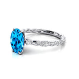 Oval Solitaire Swiss Blue Topaz Ring with Twisted Wire Diamond Band - GeumJewels