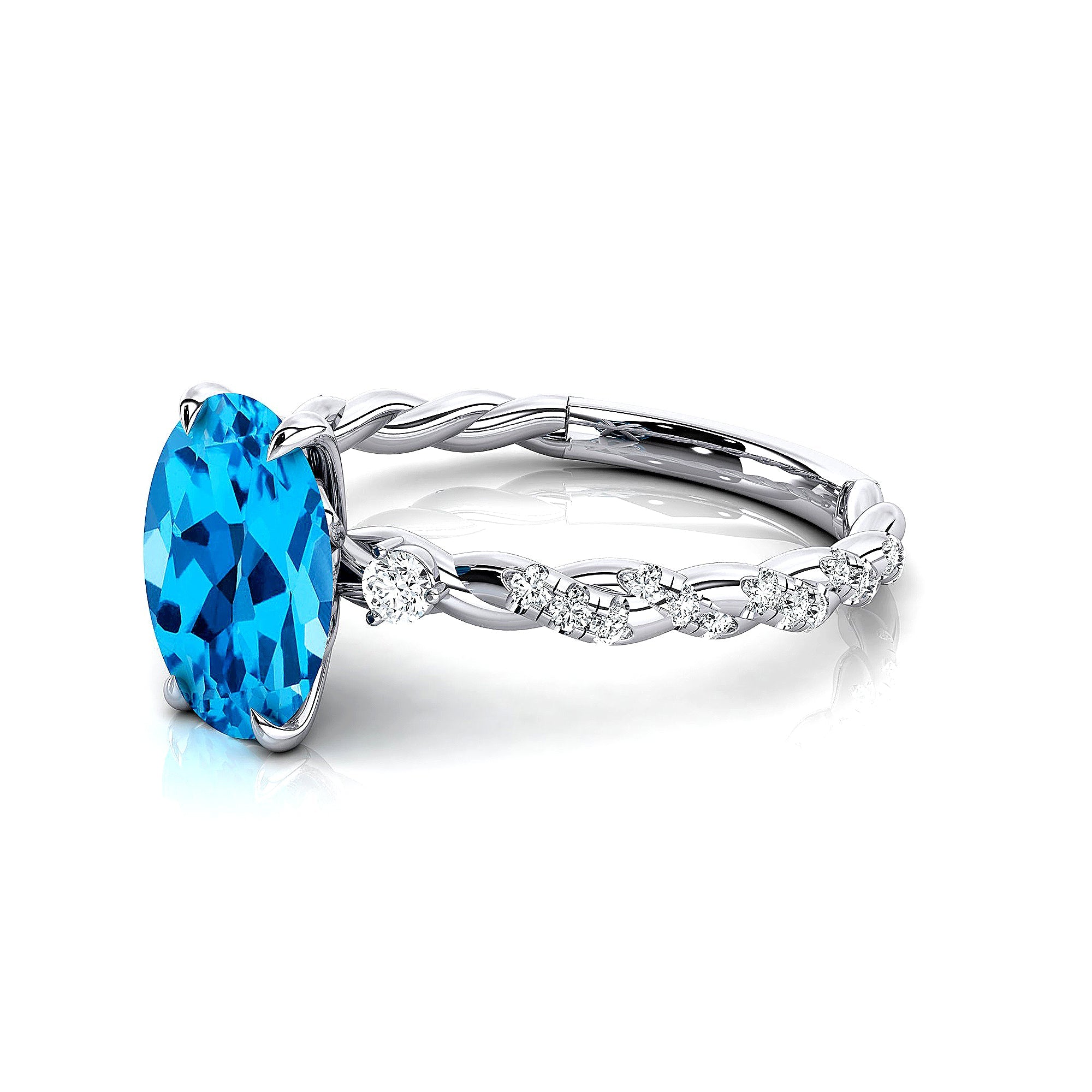 Oval Solitaire Swiss Blue Topaz Ring with Twisted Wire Diamond Band - GeumJewels