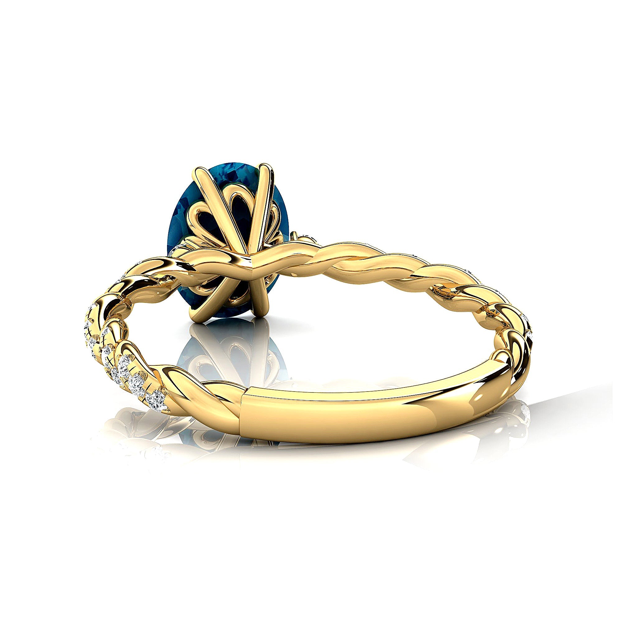 Oval Solitaire Swiss Blue Topaz Ring with Twisted Wire Diamond Band - GeumJewels