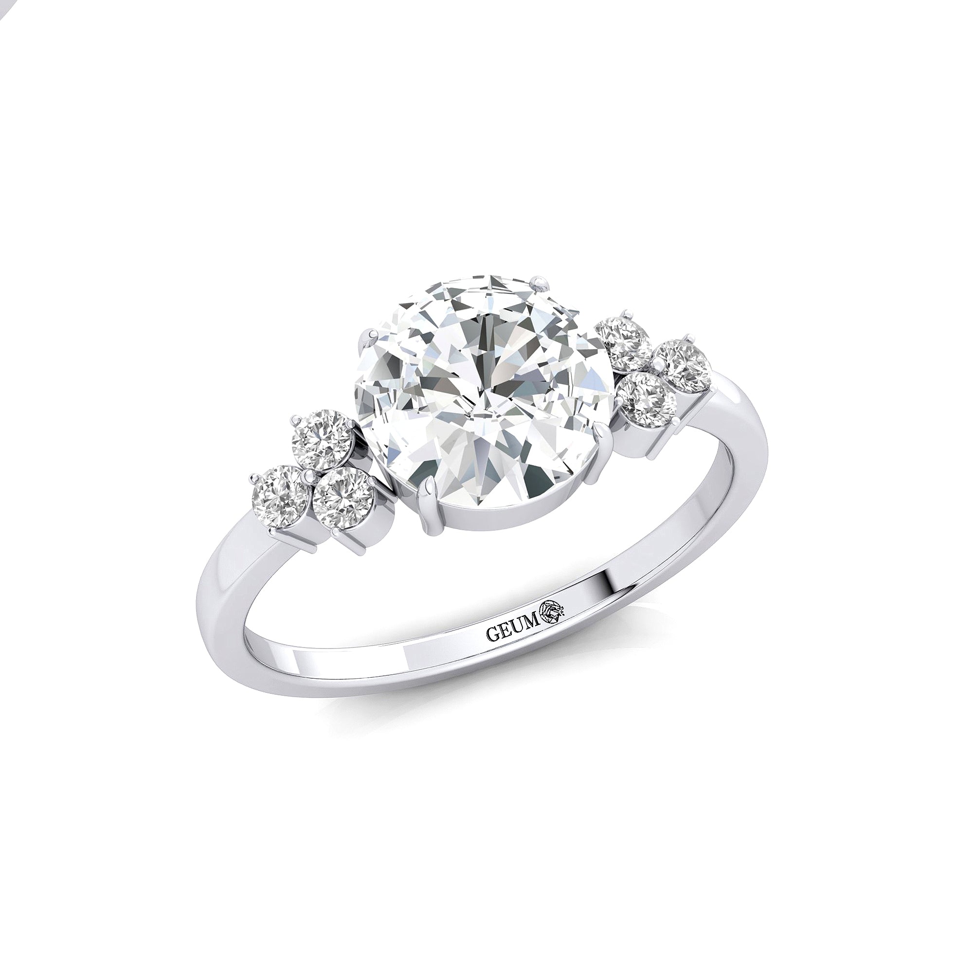 Trio Diamond Engagement Ring with Round Solitaire Lab Diamond - GeumJewels