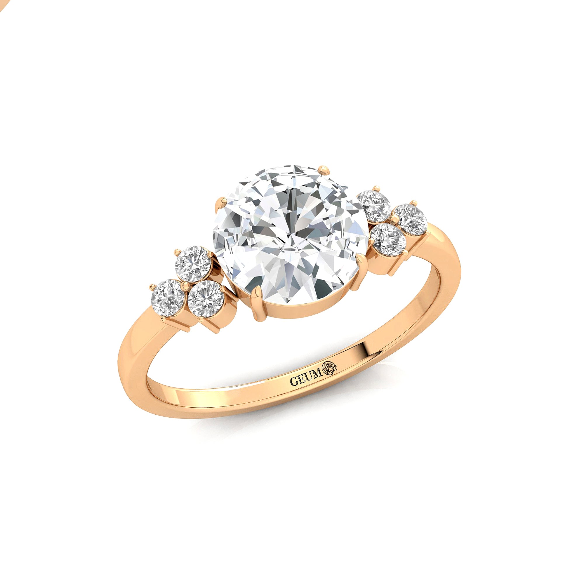 Trio Diamond Engagement Ring with Round Solitaire Lab Diamond - GeumJewels