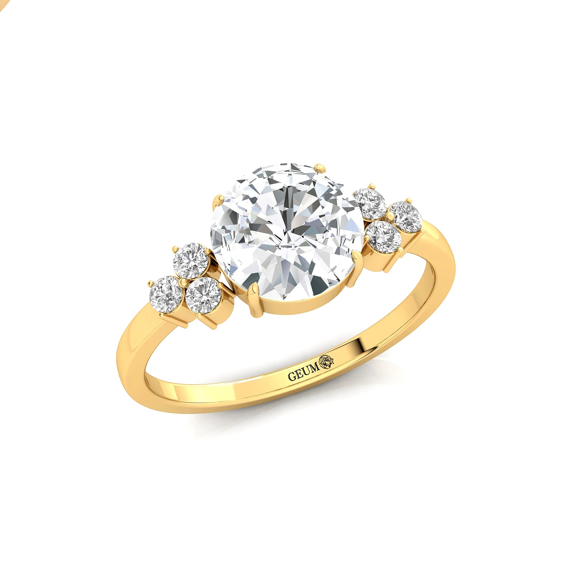 Trio Diamond Engagement Ring with Round Solitaire Lab Diamond - GeumJewels