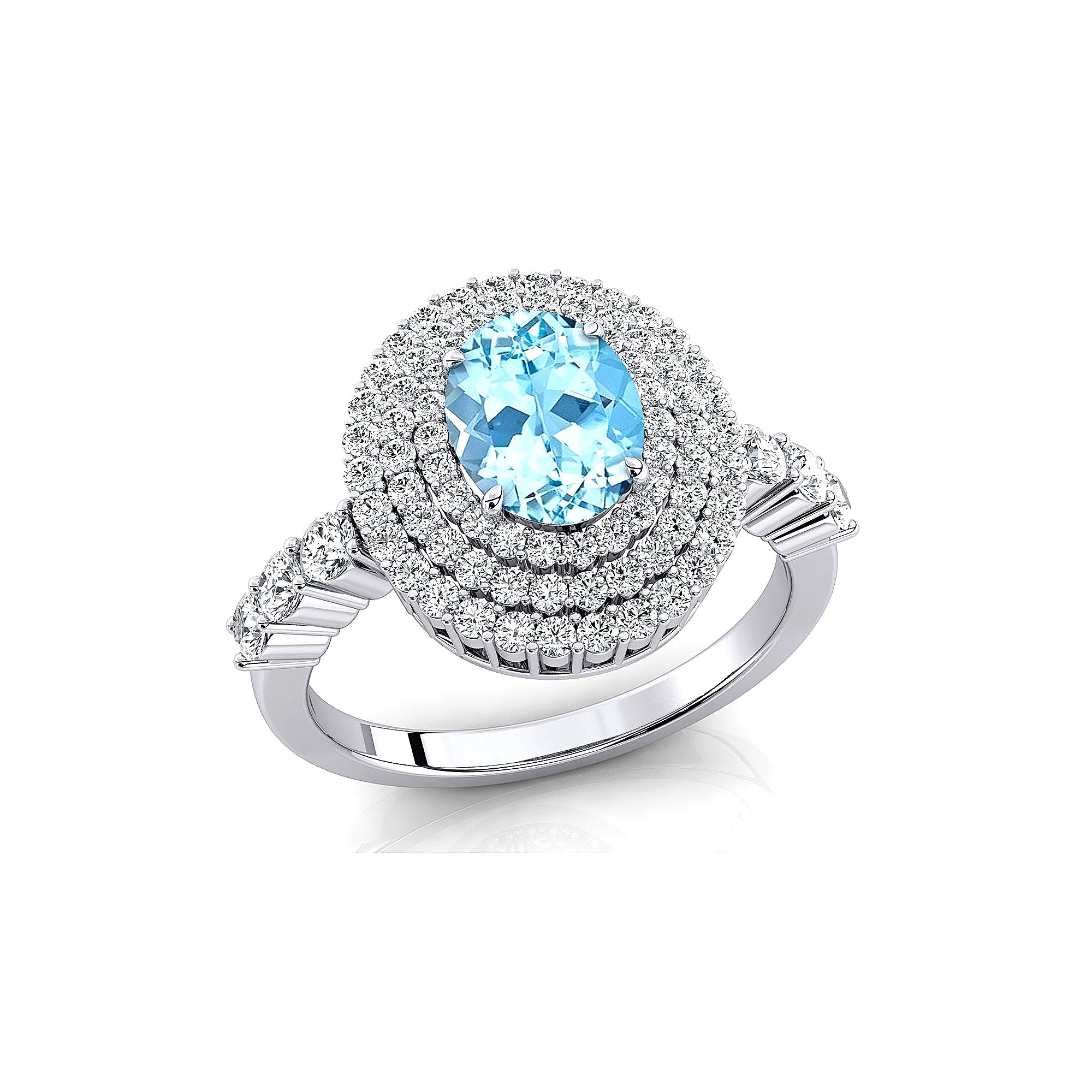 Triple Halo Diamond Oval Cut Aquamarine Cocktail Ring - GeumJewels