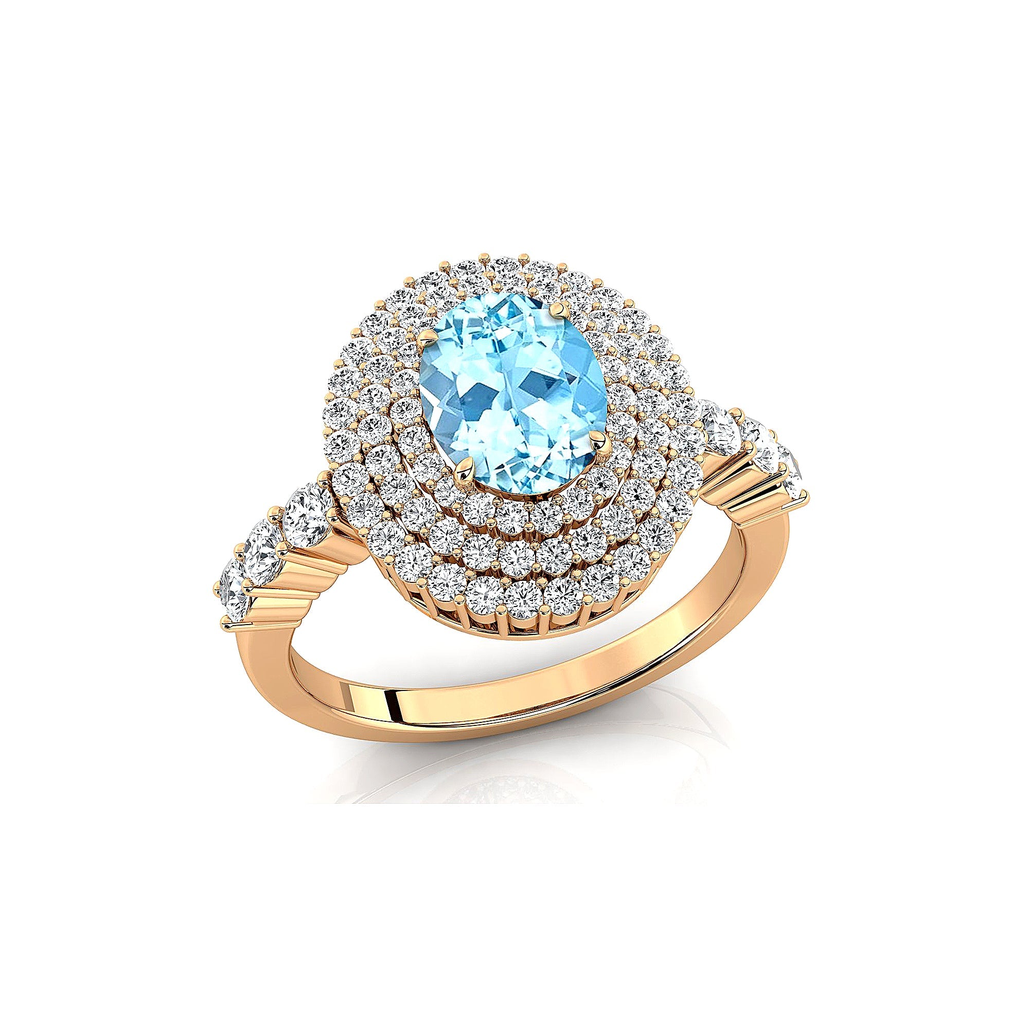 Triple Halo Diamond Oval Cut Aquamarine Cocktail Ring - GeumJewels