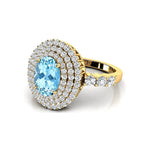 Triple Halo Diamond Oval Cut Aquamarine Cocktail Ring - GeumJewels