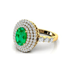 Triple Halo Diamond Oval Cut Emerald Cocktail Ring - GeumJewels