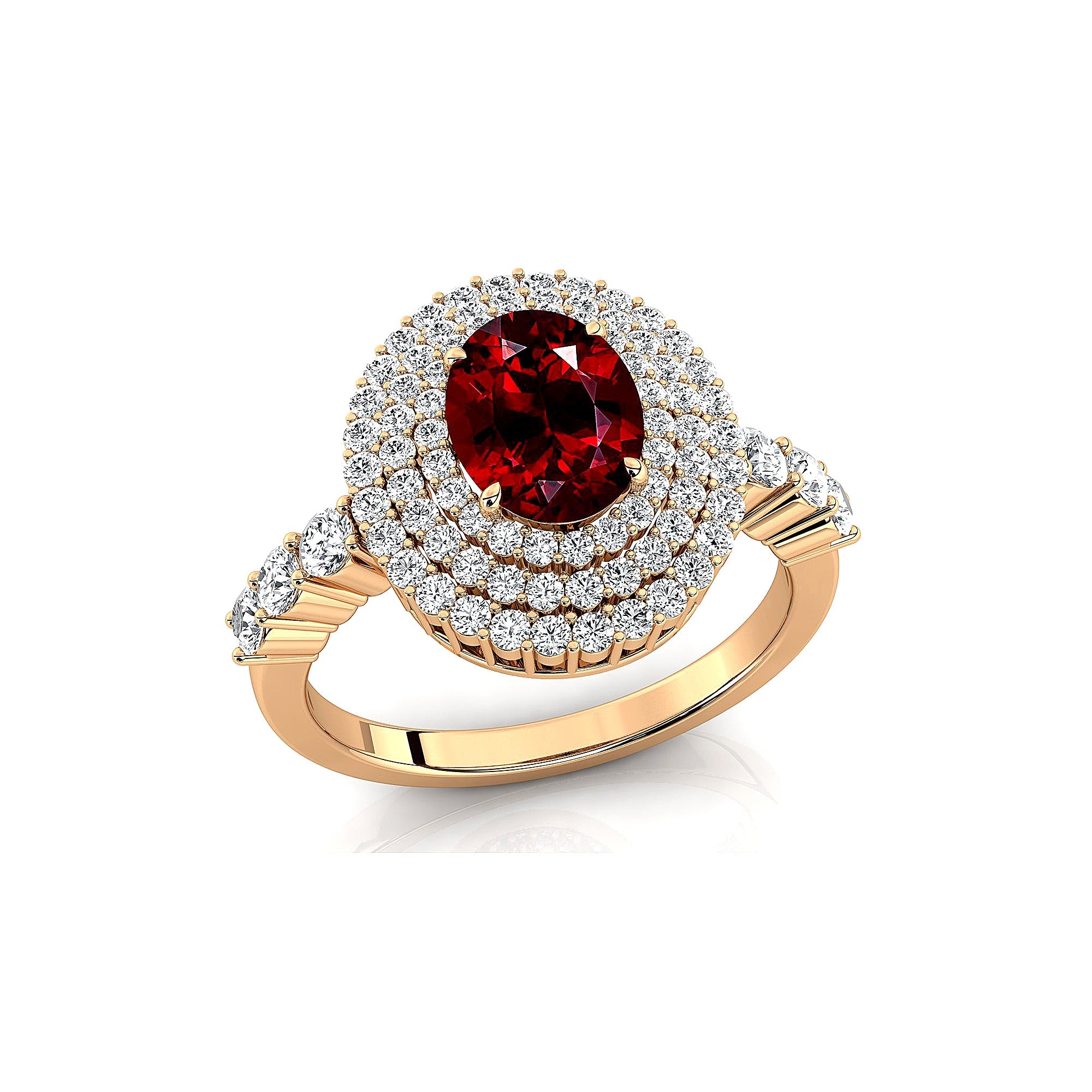Triple Halo Diamond Oval Cut Garnet Cocktail Ring - GeumJewels