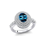 Triple Halo Diamond Oval Cut London Blue Topaz Cocktail Ring - GeumJewels