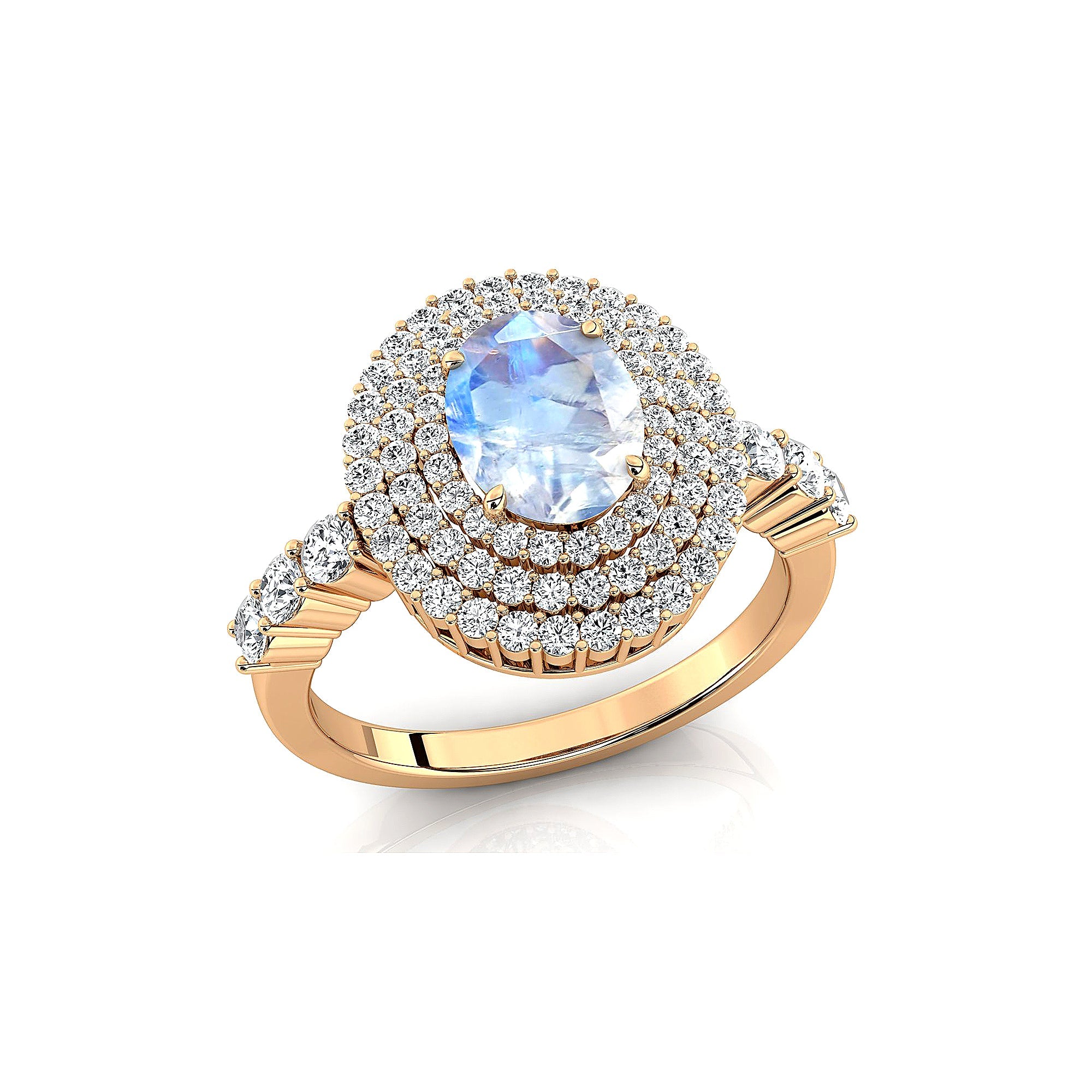 Triple Halo Diamond Oval Cut Moonstone Cocktail Ring - GeumJewels