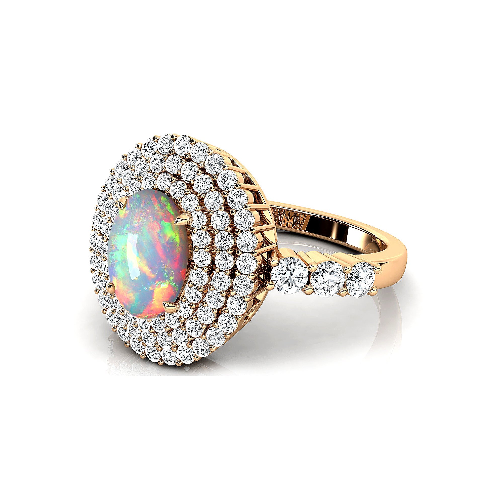 Triple Halo Diamond Oval Cut Opal Cocktail Ring - GeumJewels