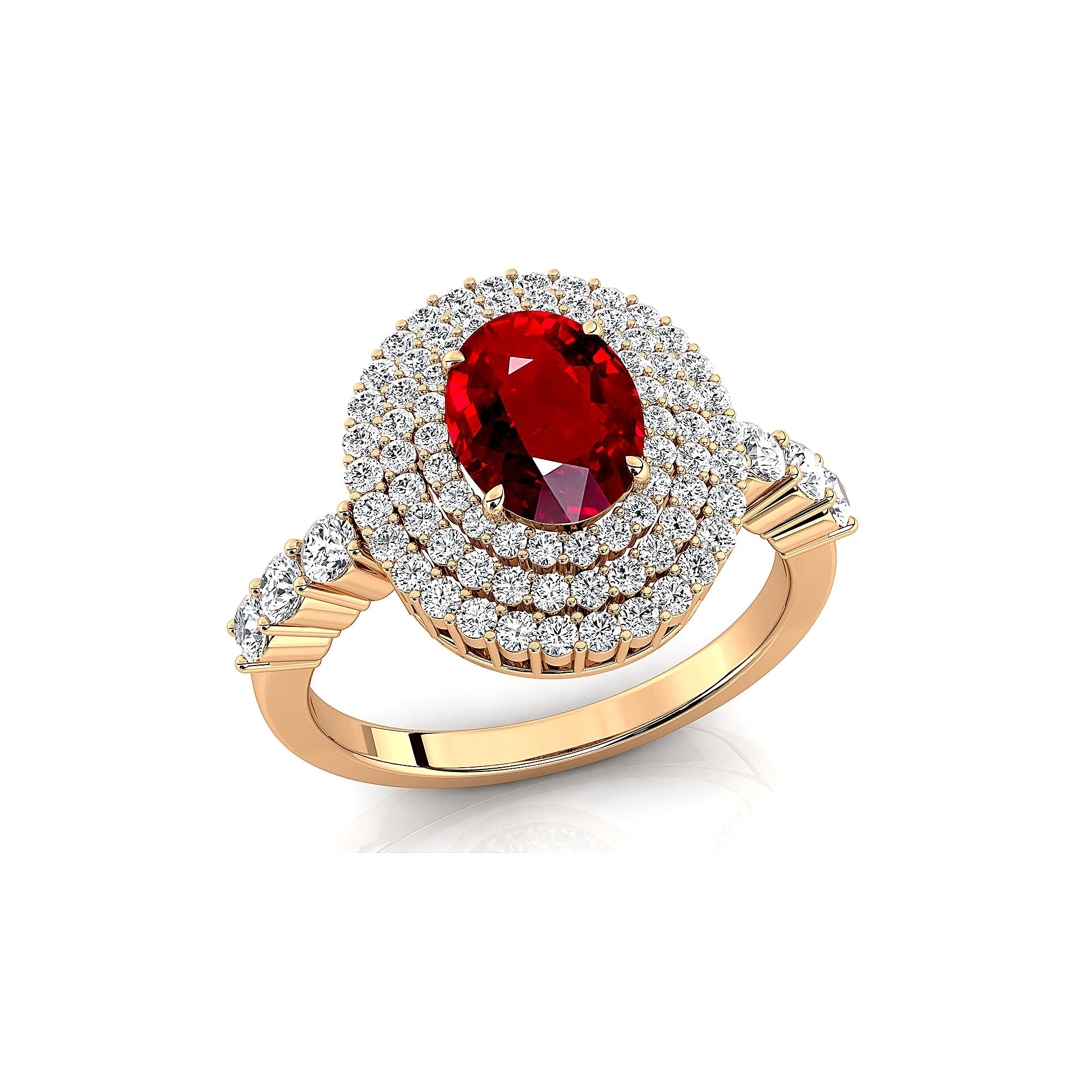 Triple Halo Diamond Oval Cut Ruby Cocktail Ring - GeumJewels