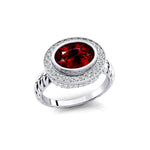 Vintage Style Elongated Oval Garnet Halo Diamond Twisted Ring - GeumJewels