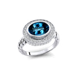 Vintage Style Elongated Oval London Blue Topaz Halo Diamond Twisted Ring - GeumJewels