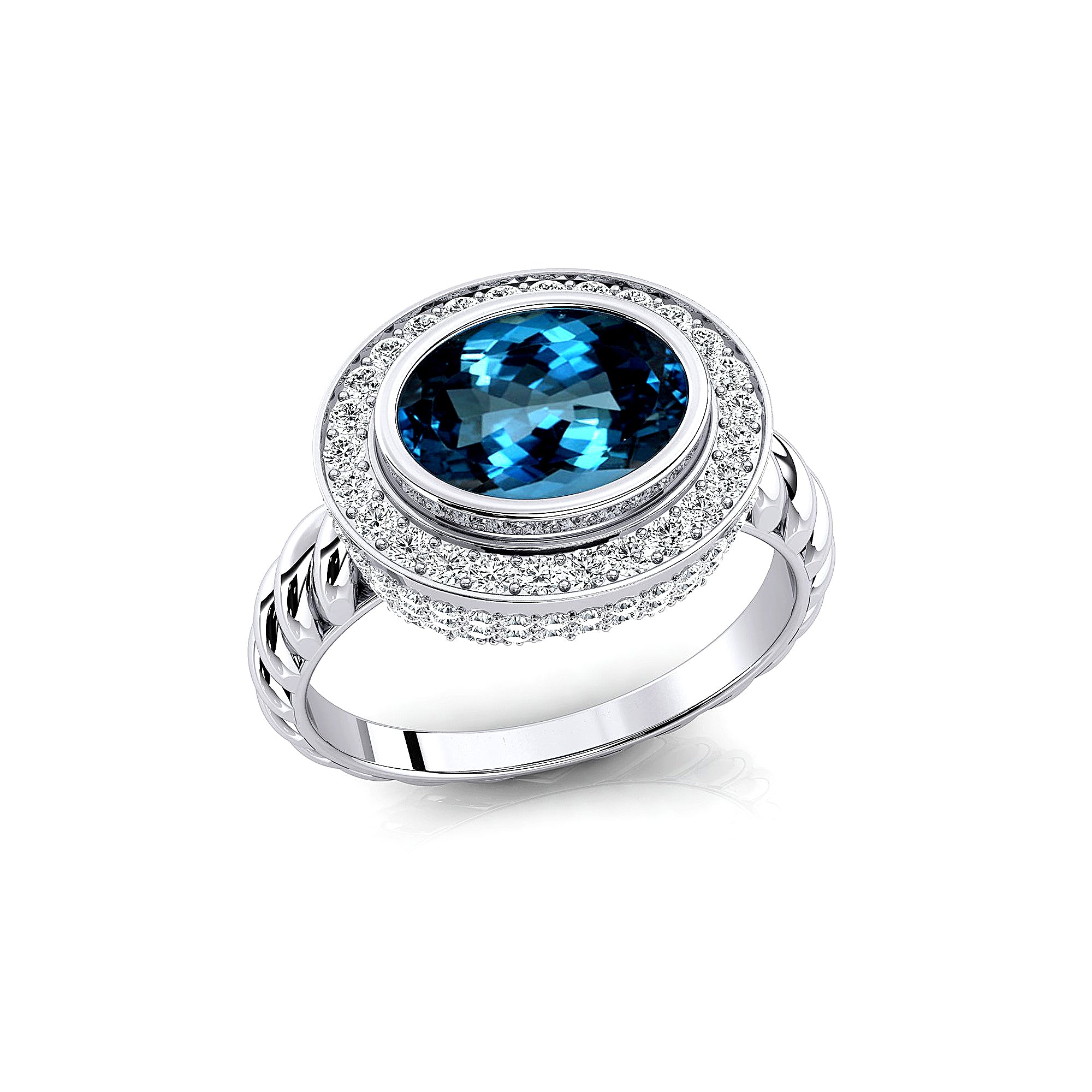 Vintage Style Elongated Oval London Blue Topaz Halo Diamond Twisted Ring - GeumJewels