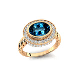 Vintage Style Elongated Oval London Blue Topaz Halo Diamond Twisted Ring - GeumJewels