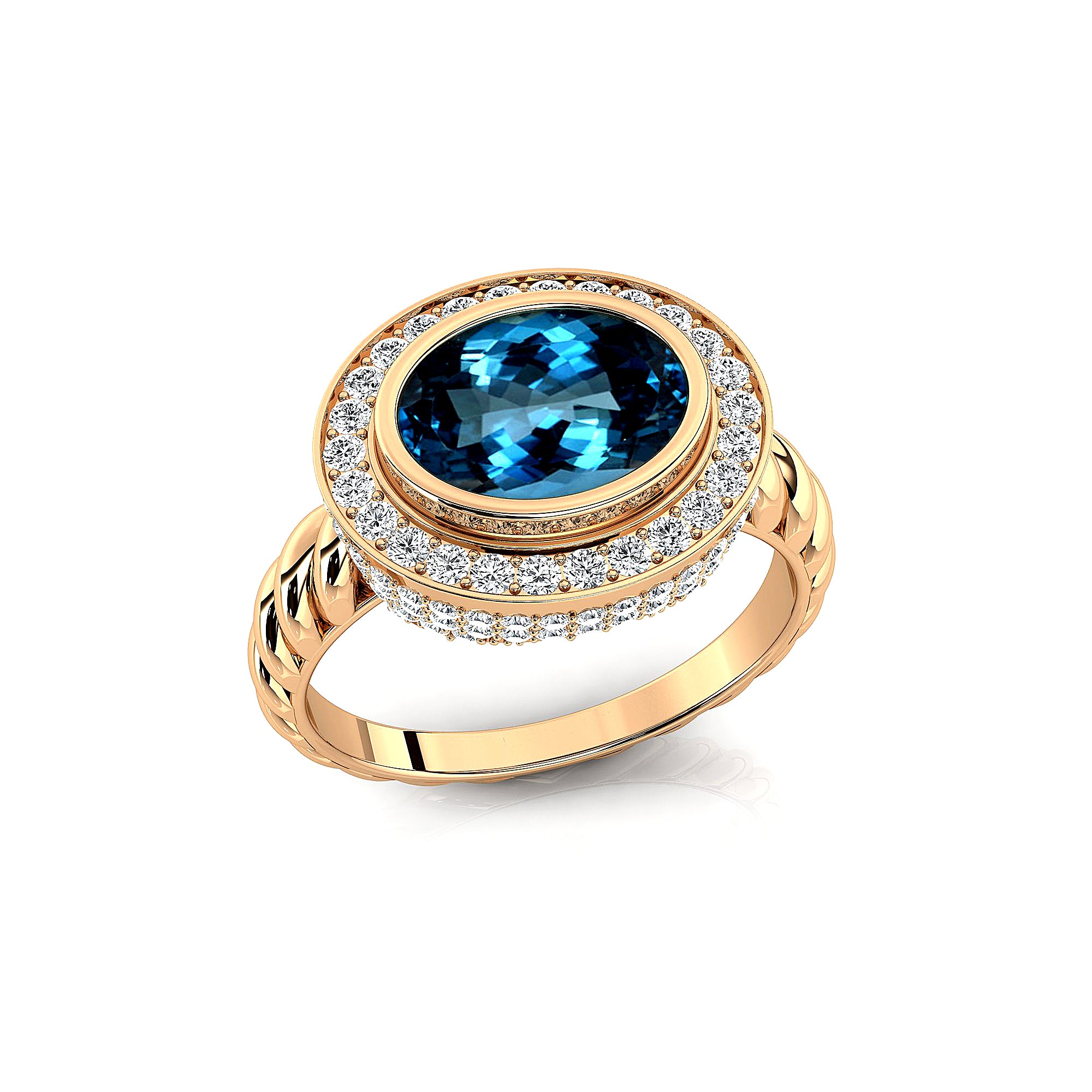 Vintage Style Elongated Oval London Blue Topaz Halo Diamond Twisted Ring - GeumJewels
