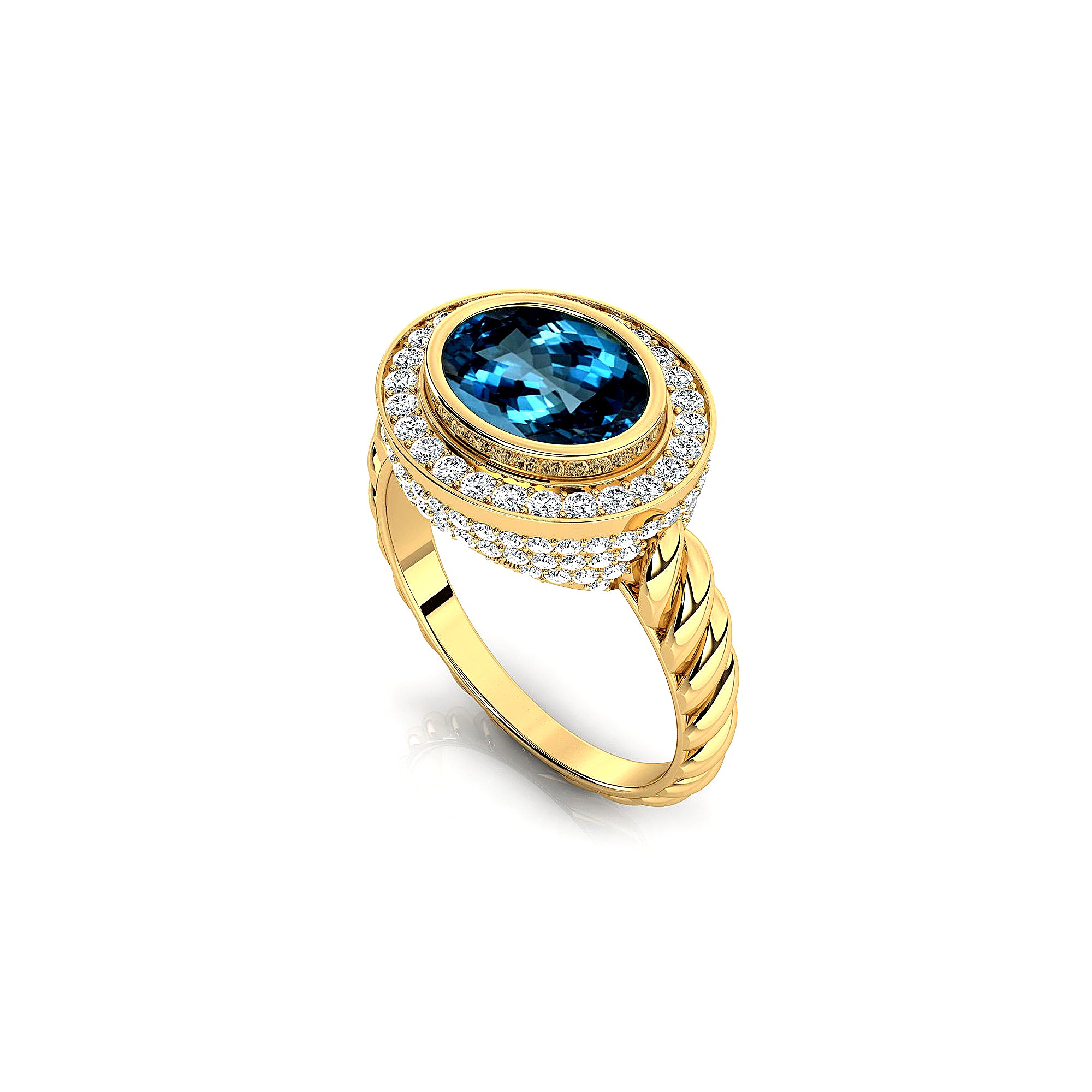 Vintage Style Elongated Oval London Blue Topaz Halo Diamond Twisted Ring - GeumJewels