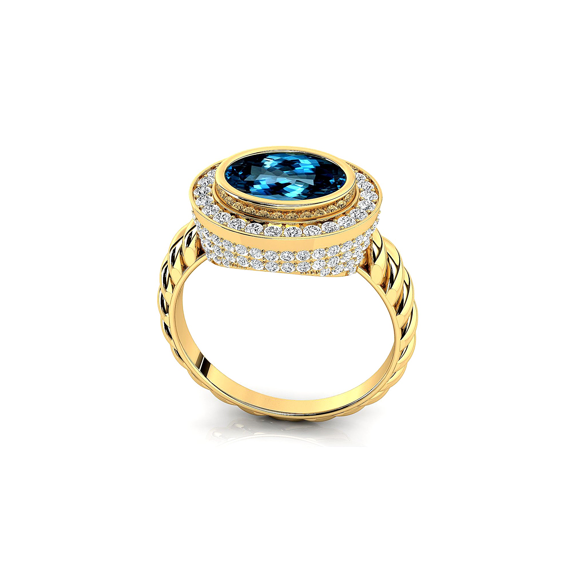 Vintage Style Elongated Oval London Blue Topaz Halo Diamond Twisted Ring - GeumJewels