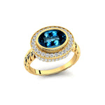 Vintage Style Elongated Oval London Blue Topaz Halo Diamond Twisted Ring - GeumJewels