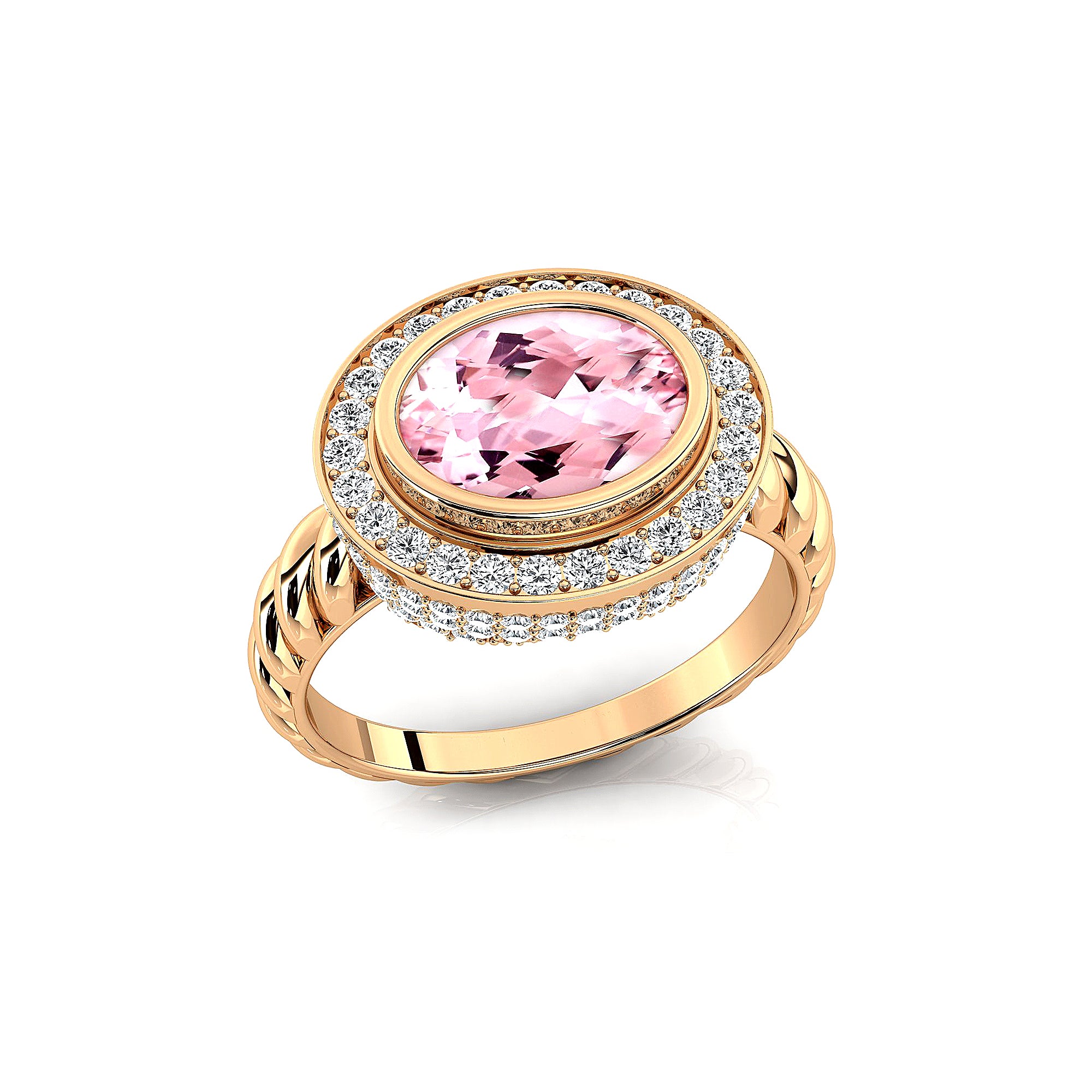 Vintage Style Elongated Oval Morganite Halo Diamond Twisted Ring - GeumJewels