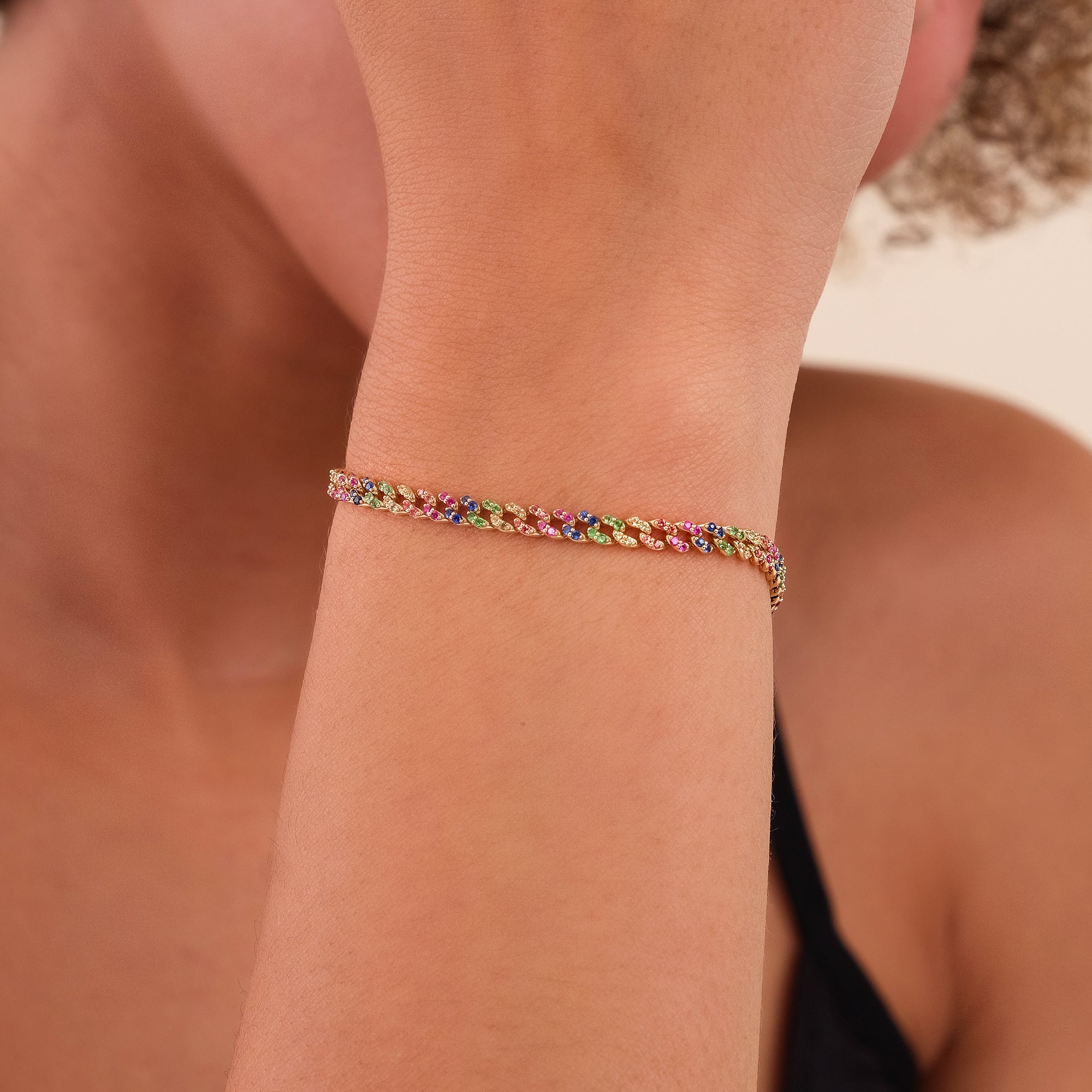 Rainbow Sapphire Cuban Chain Bracelet - 3 mm - GeumJewels
