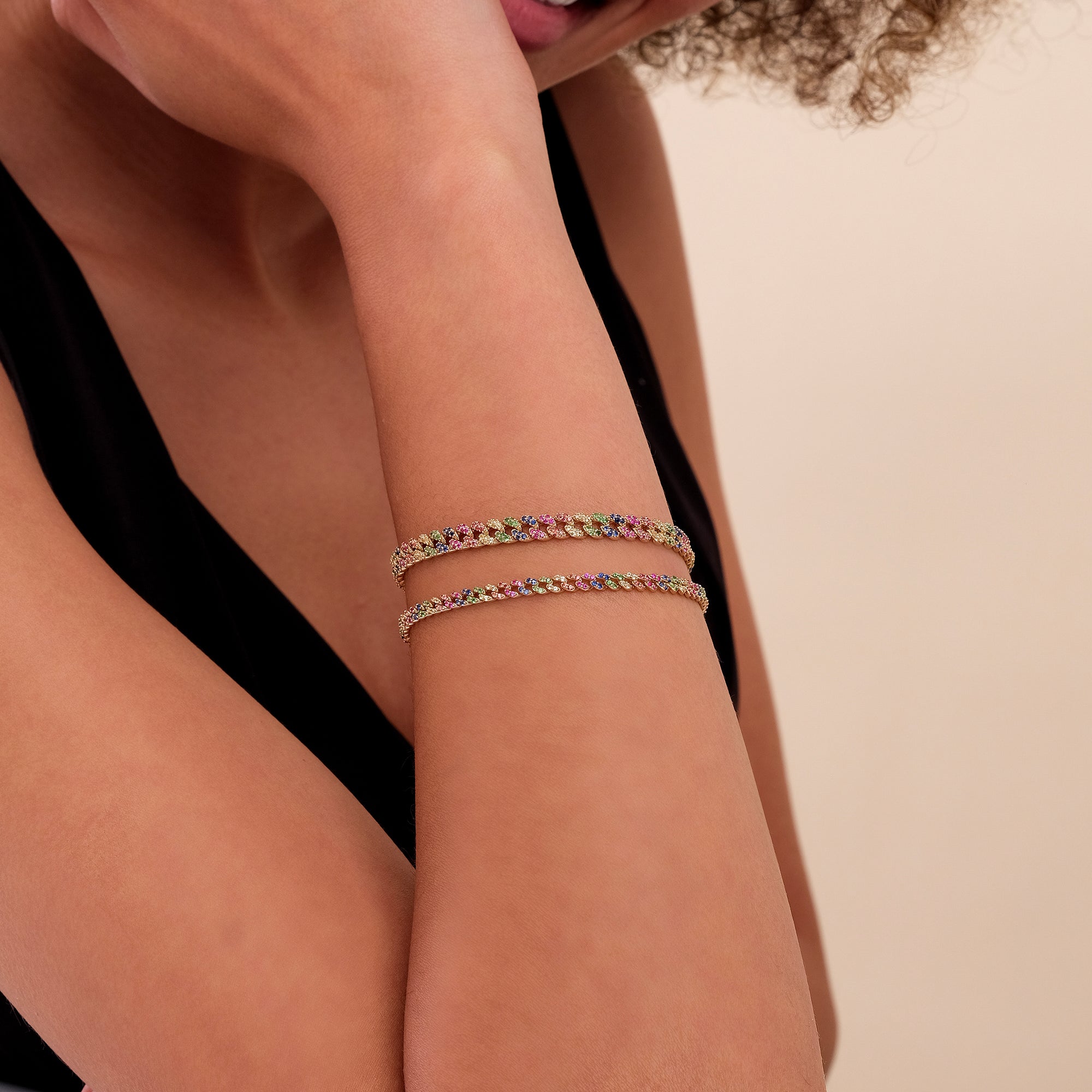 Rainbow Sapphire Cuban Chain Bracelet - 3 mm - GeumJewels