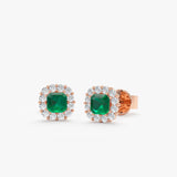 Emerald Diamond Halo Stud Earrings - GeumJewels