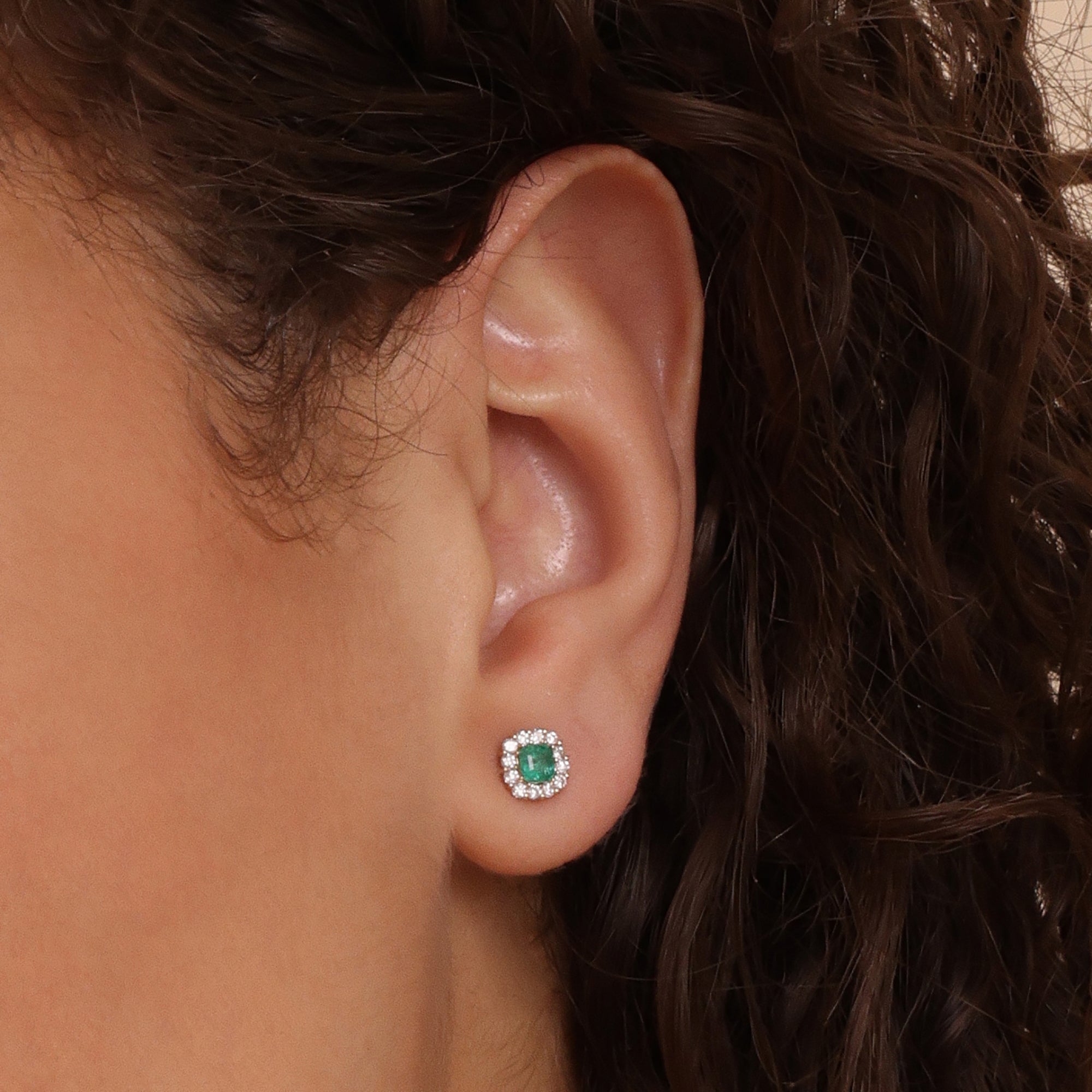 Emerald Diamond Halo Stud Earrings - GeumJewels