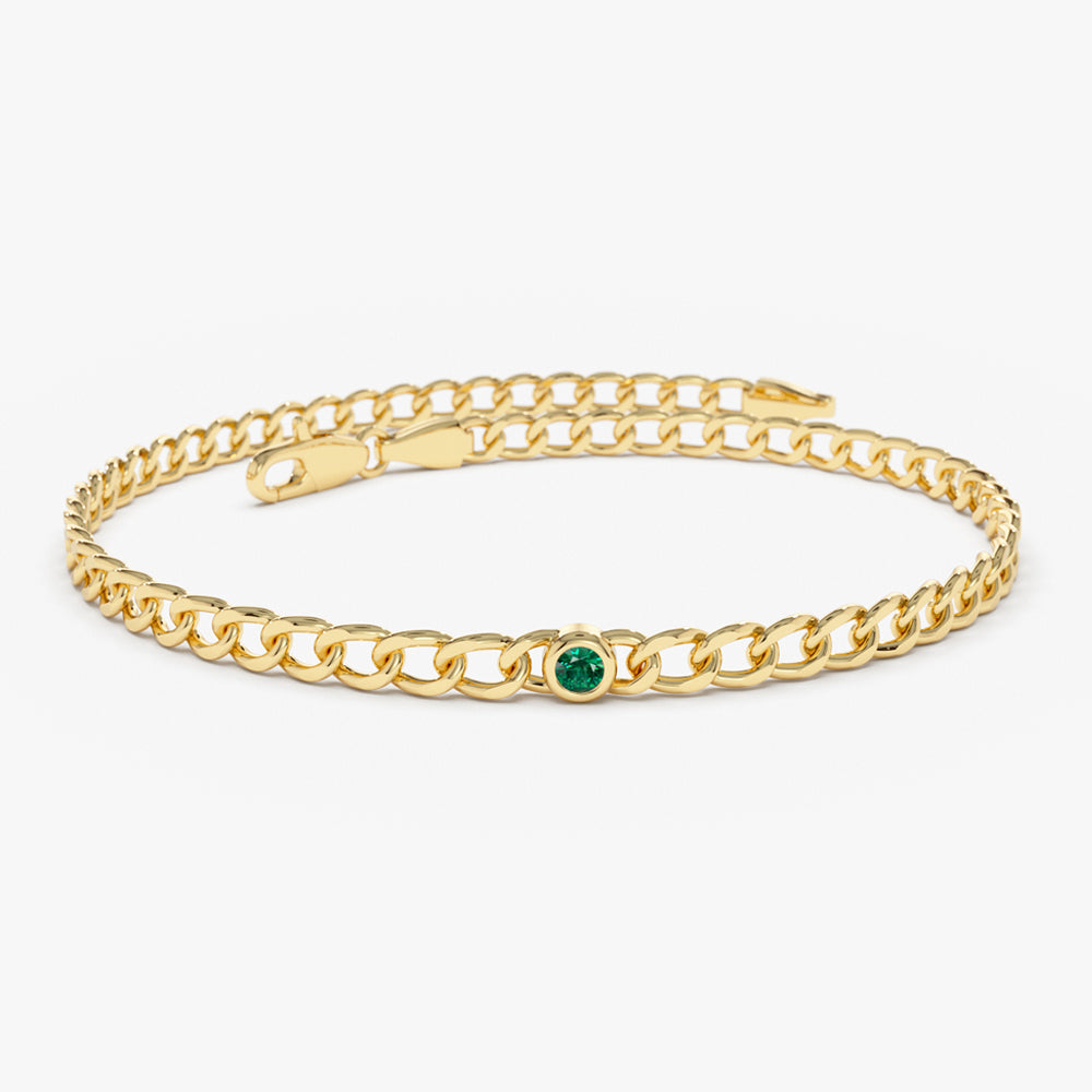 14k Gold Cuban Link Bracelet w/ Bezel Setting Emerald - GeumJewels