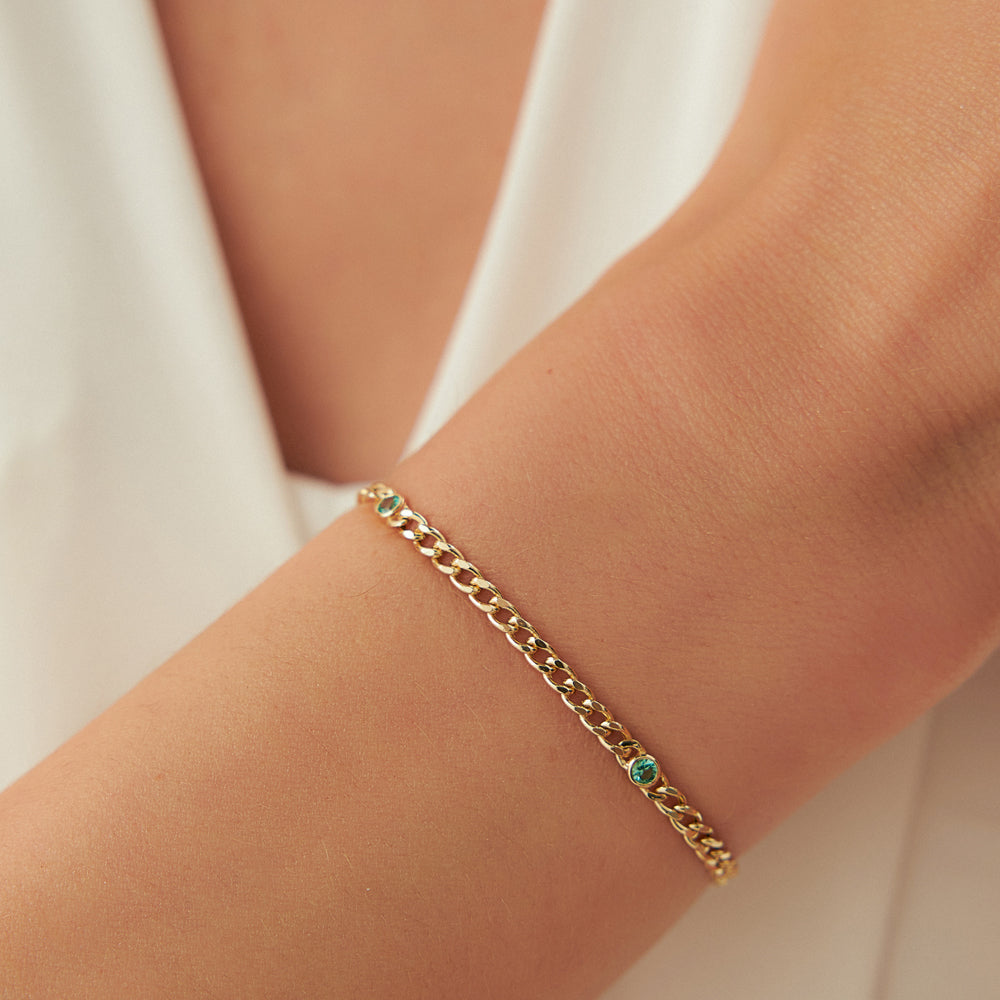 14k Gold Cuban Link Bracelet w/ Bezel Setting Emerald - GeumJewels
