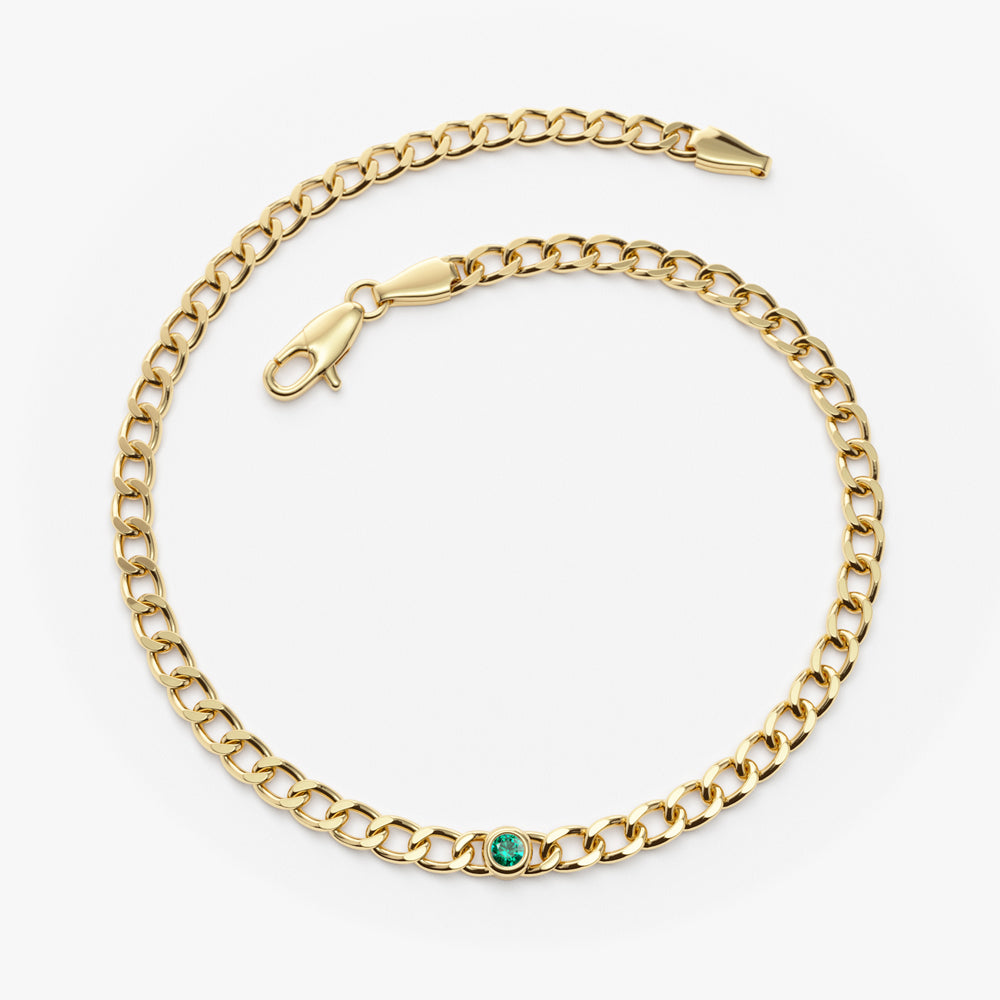 14k Gold Cuban Link Bracelet w/ Bezel Setting Emerald - GeumJewels