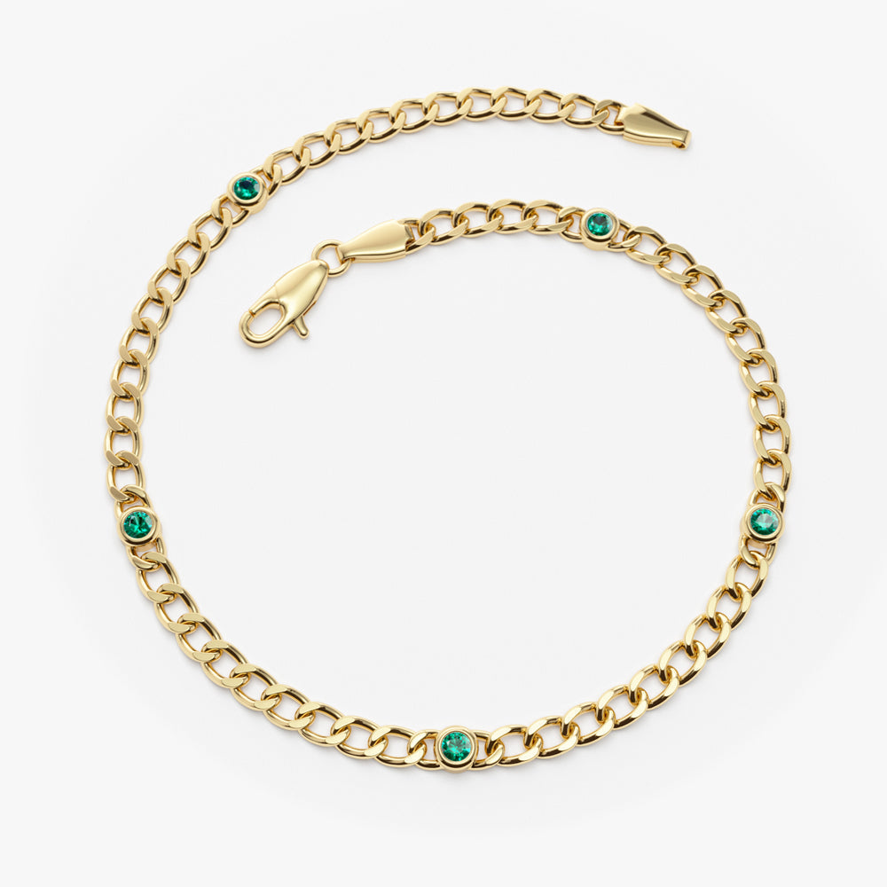 14k Gold Cuban Link Bracelet w/ Bezel Setting Emerald - GeumJewels