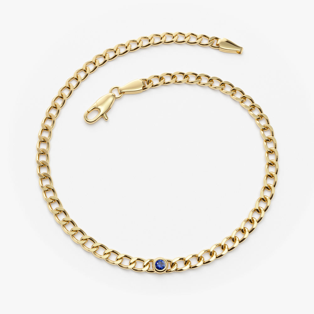 14k Gold Cuban Link Bracelet w/ Bezel Setting Sapphire - GeumJewels