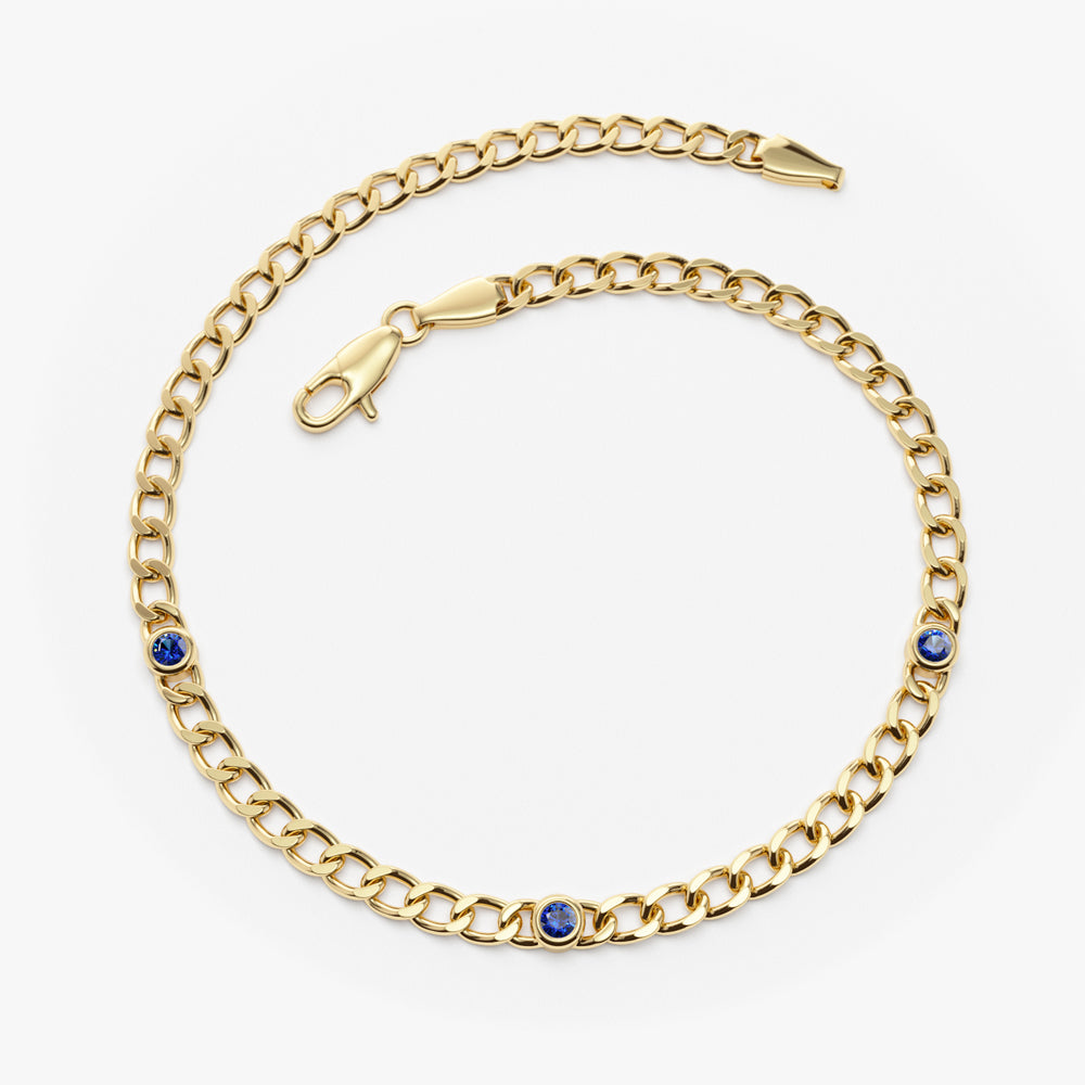 14k Gold Cuban Link Bracelet w/ Bezel Setting Sapphire - GeumJewels