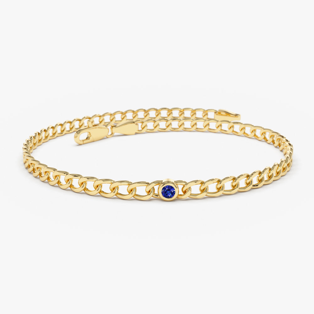 14k Gold Cuban Link Bracelet w/ Bezel Setting Sapphire - GeumJewels