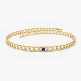 14k Gold Cuban Link Bracelet w/ Bezel Setting Sapphire - GeumJewels