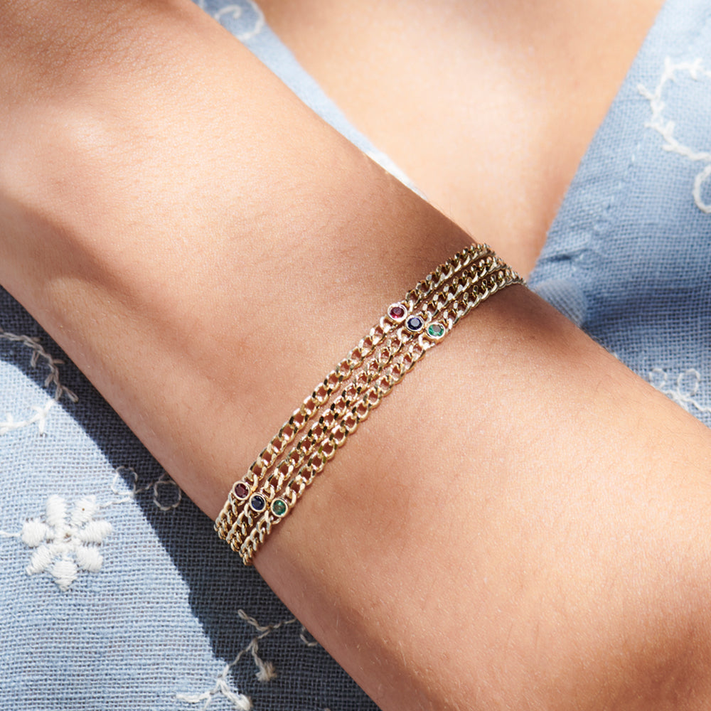 14k Gold Cuban Link Bracelet w/ Bezel Setting Sapphire - GeumJewels