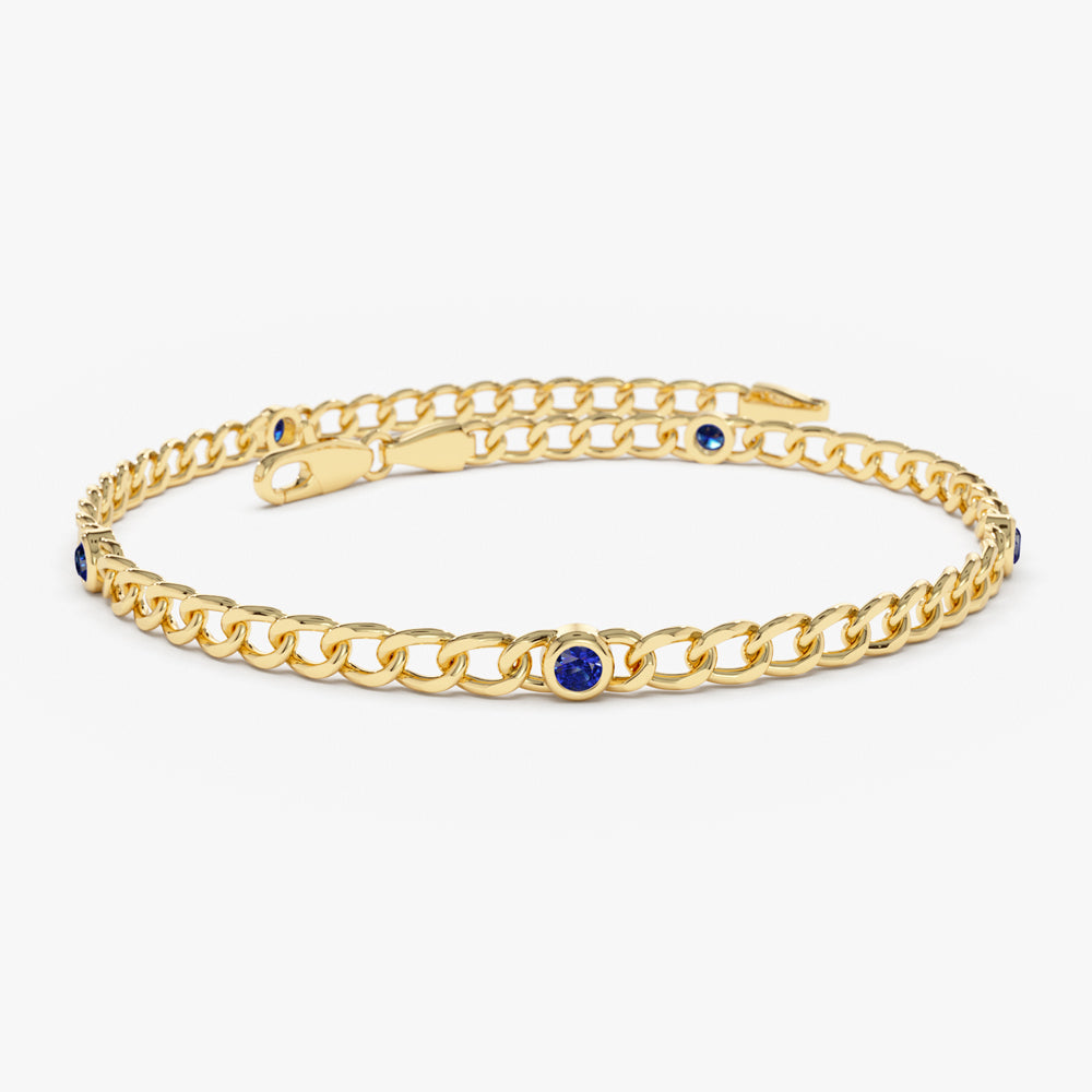 14k Gold Cuban Link Bracelet w/ Bezel Setting Sapphire - GeumJewels