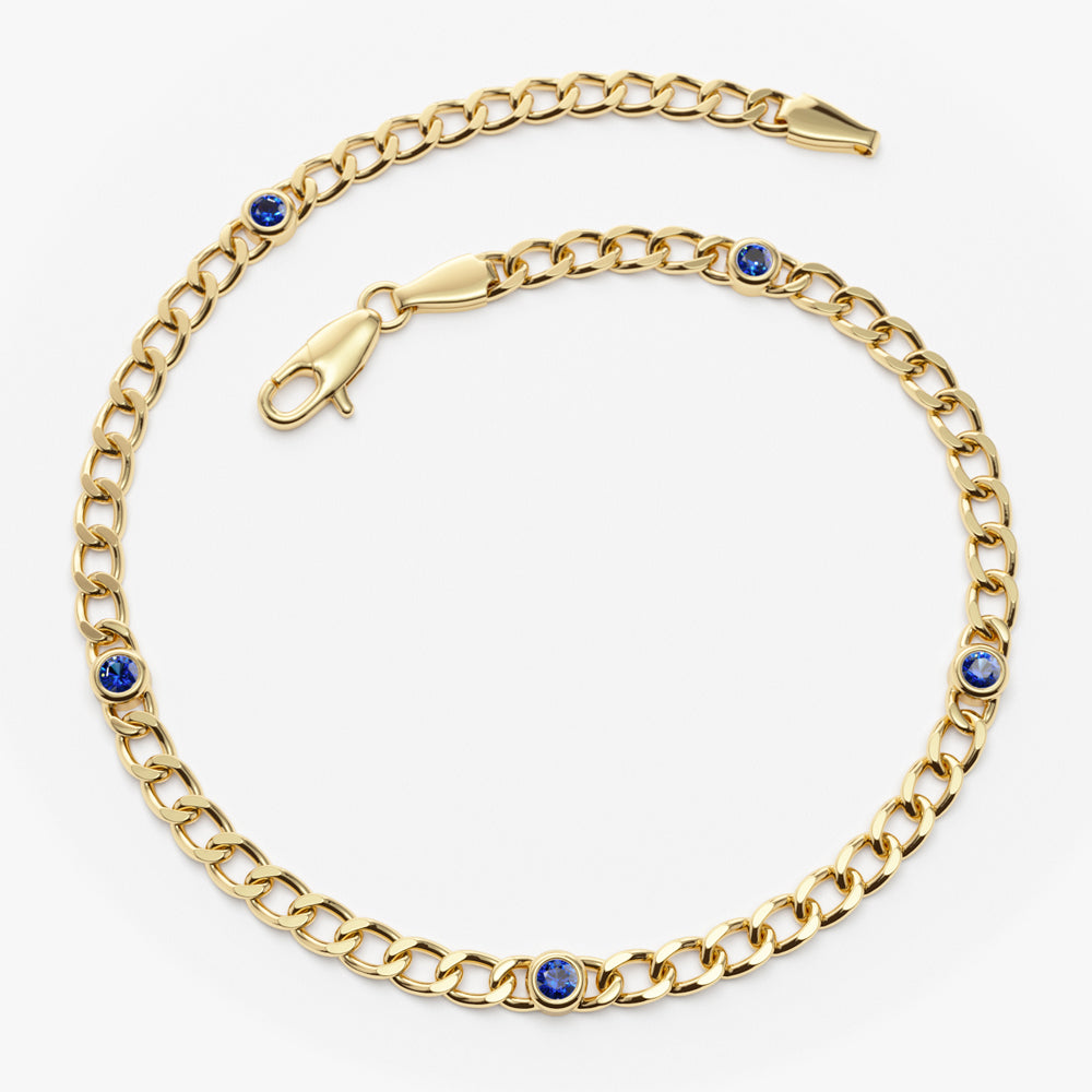 14k Gold Cuban Link Bracelet w/ Bezel Setting Sapphire - GeumJewels