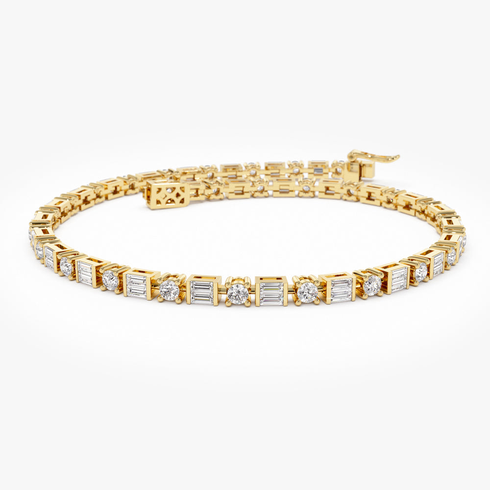 14k Baguette & Round Natural Diamond Tennis Bracelet - GeumJewels