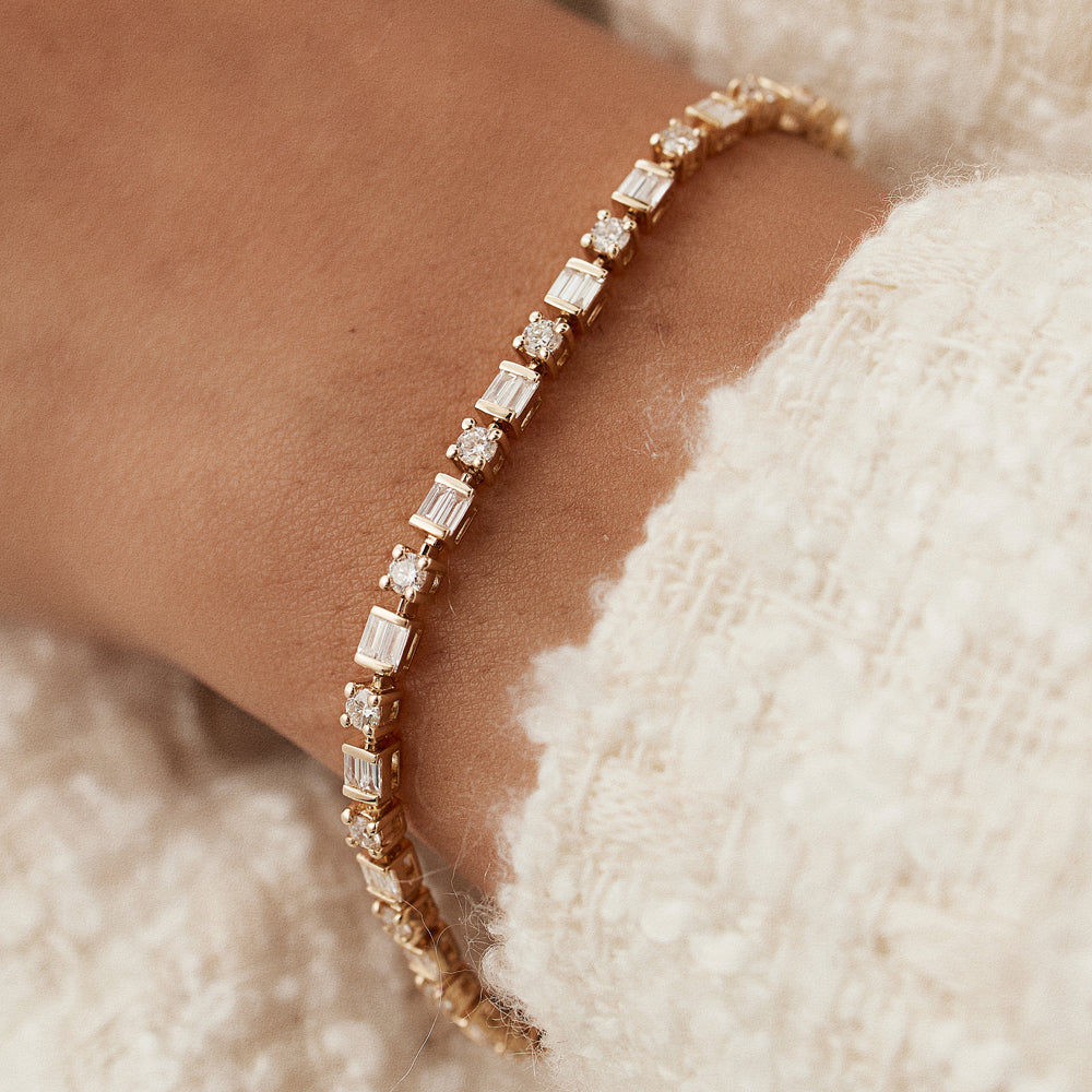 14k Baguette & Round Natural Diamond Tennis Bracelet - GeumJewels
